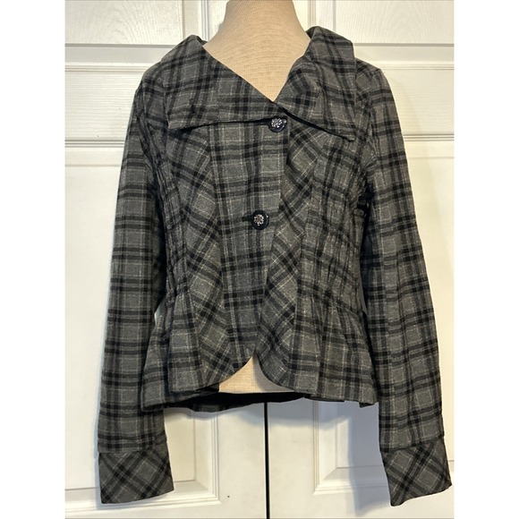 Luii Victorian Steampunk Wool Blend  Blazer Gray Black Plaid Button Small Peplum - Picture 1 of 11